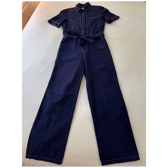Burberry Belted Utility Jumpsuit | Size US 2 | Indigo Navy Blue w/ White Stitch - Picture 1 of 10